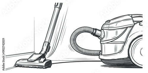 A detailed illustration of a vacuum cleaner with a hose and nozzle in black and white outline style, suitable for cleaning service graphics