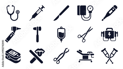 Medical tools and equipment icon set. Glyph black silhouettes – stethoscope, syringe, scalpel, defibrillator, otoscope, thermometer, IV bag, examination table. Flat vector pictograms