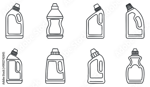 A collection of various cleaning product bottles in simple outline vector style, ideal for household cleaning branding and packaging