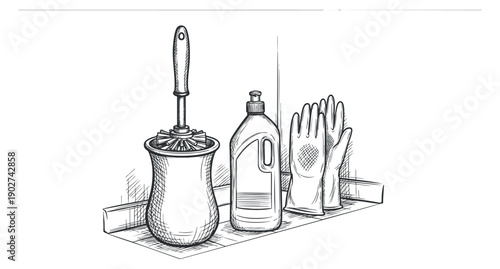 A set of cleaning tools including a toilet brush, detergent bottle, and rubber gloves in black and white outline vector style, perfect for cleaning service branding