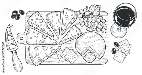 A cheese platter with various cheeses, grapes, crackers, and a glass of wine in black and white vector style, perfect for gourmet dining and entertaining
