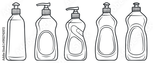A collection of five outline vector bottles for cleaning products in minimalist black and white style, suitable for packaging design