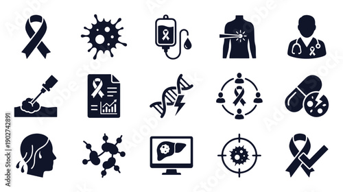 Oncology and cancer care icon set. Glyph black silhouettes – awareness ribbon, tumor cell, DNA mutation, support group, medication. Flat vector pictograms