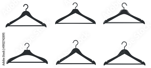 A set of six stylish black clothes hangers in minimalist vector style, ideal for fashion retail and home organization