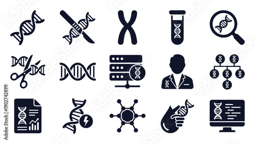 Genetics and DNA icon set. Glyph black silhouettes – gene editing, chromosome, test tube, inheritance chart, mutation report. Flat vector pictograms