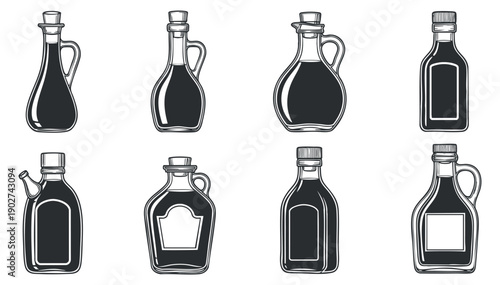 A collection of various condiment bottles in black and white outline vector style, suitable for culinary design projects