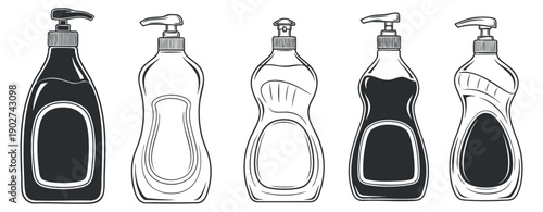 A collection of five dish soap bottles in black and white outline vector style, ideal for packaging design and branding