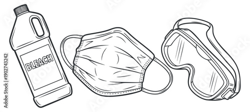 A collection of cleaning supplies including a bleach bottle, face mask, and safety goggles in outline vector style, suitable for health and safety awareness projects