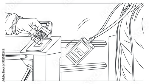 A hand scanning a QR code at a ticket barrier in outline vector style, suitable for technology and transportation themes