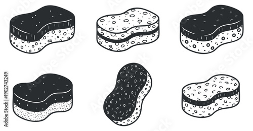 A set of six black and white vector sponges in various shapes and designs, suitable for cleaning and household illustrations