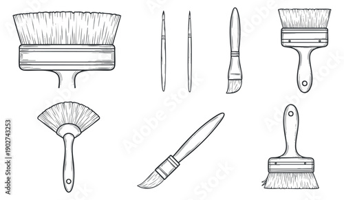 A collection of various painting brushes and tools in black and white outline vector style, ideal for art and craft projects