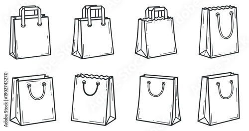 A collection of various shopping bags in outline vector style, ideal for retail branding and packaging design