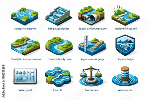 Aquatic habitat water reconnection badge connectivity marker ladder vector link icon