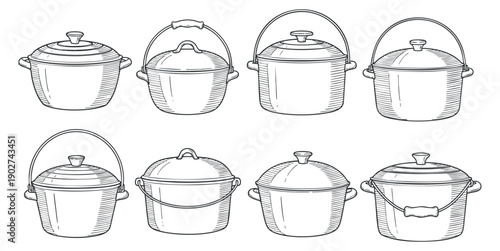 A collection of eight cooking pots in black and white outline vector style, ideal for culinary design and kitchen branding