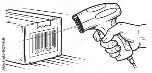A hand holding a barcode scanner pointed at a shipping box with a barcode in black and white outline vector style, suitable for logistics and inventory management