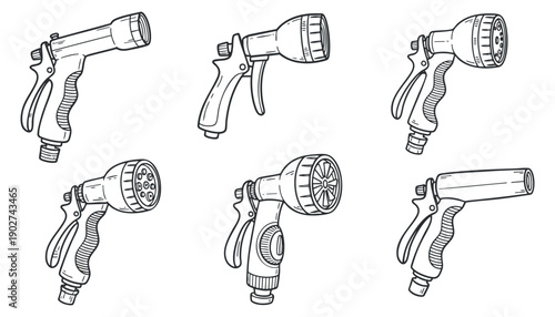A collection of six gardening spray nozzles in detailed black and white lineart style, ideal for gardening and landscaping projects
