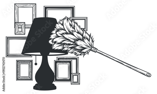 A duster and lamp surrounded by various empty picture frames in black and white minimalist vector style, ideal for home decor branding