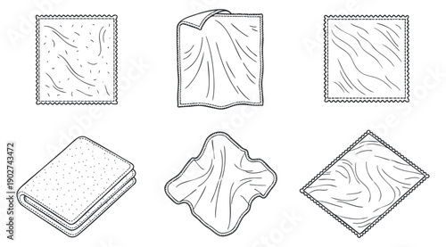 A collection of six fabric textures featuring various patterns and shapes in clean outline vector style, ideal for textile design projects