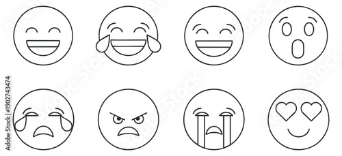 A set of various emoticons representing different emotions in flat minimalist vector style, ideal for digital communication and social media