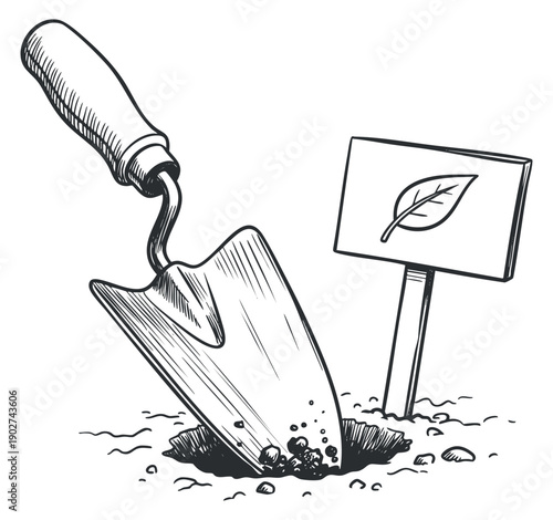 A gardening shovel digging into soil beside a plant sign with a leaf design in hand-drawn sketch style, ideal for gardening and agriculture projects