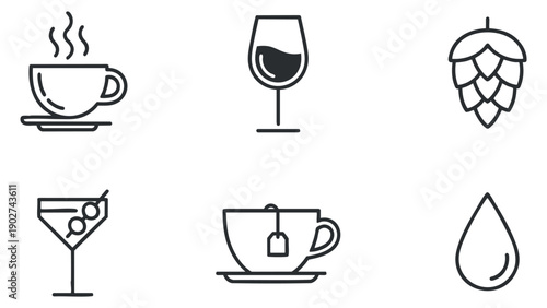 A set of beverage icons including coffee, tea, wine, cocktail, and hops in minimalist line art vector style, perfect for food and drink branding