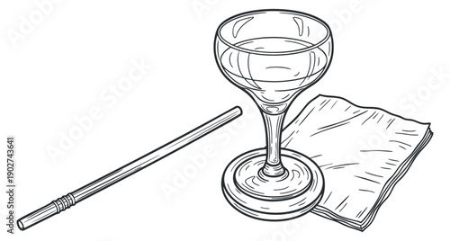 A cocktail glass with a straw and a napkin in minimalist line art vector style, ideal for bar menus and drink illustrations