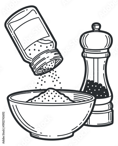 A bowl of salt with a salt shaker and pepper mill in black and white outline vector style, ideal for culinary designs