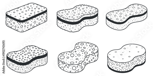 A collection of six different sponges in black and white outline vector style, suitable for cleaning and household design projects