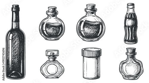 A collection of various vintage glass bottles and containers in hand-drawn sketch style, perfect for beverage branding and packaging design