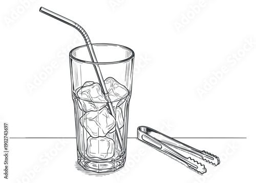 A glass of iced beverage with a straw and tongs in minimalist outline vector style, suitable for bar and restaurant designs