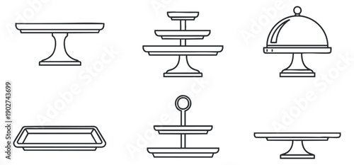 A collection of serving trays and stands in minimalist outline vector style, suitable for catering and restaurant design