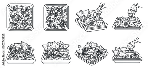 A collection of various snack dishes including nachos, salsa, and appetizers in black and white outline vector style, ideal for food menus and catering designs