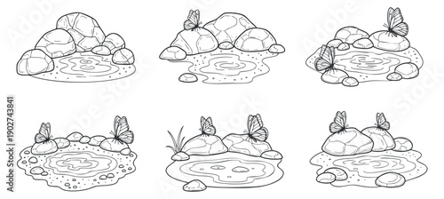 A collection of outlined rock and water scenes featuring ponds and butterflies in minimalist vector style, suitable for nature-themed projects