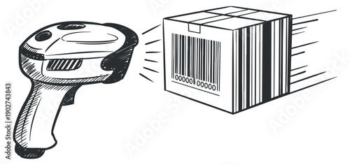 A barcode scanner and a package with a barcode in black and white outline vector style, suitable for logistics and inventory management