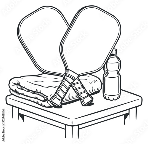 A pair of paddles on a table with a towel and a water bottle in a clean outline vector style, ideal for sports and fitness promotions