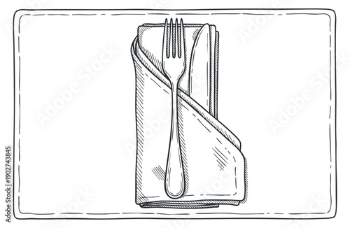 A fork placed on a folded napkin in a hand-drawn black and white vector style, ideal for restaurant menus or culinary designs