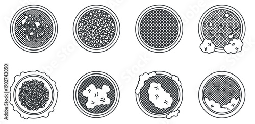 A collection of circular food elements featuring various textures and patterns in black and white minimalist vector style, ideal for culinary design projects