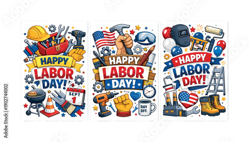 Colorful Labor Day icon set. Includes hard hat, wrench, hammer, drill, paint roller, calendar, and gear symbols