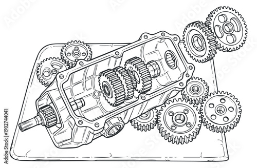 A detailed illustration of a car engine gearbox with gears in outline vector style, suitable for automotive design and engineering projects