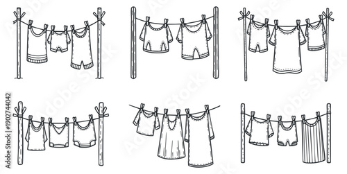 A collection of hand-drawn clothes hanging on a clothesline in black and white vector style, ideal for home and laundry-themed projects