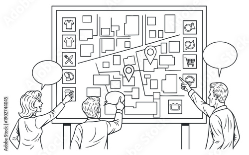 A group of three people interacting with a large map featuring various location icons in an outline vector style, suitable for navigation and business presentations
