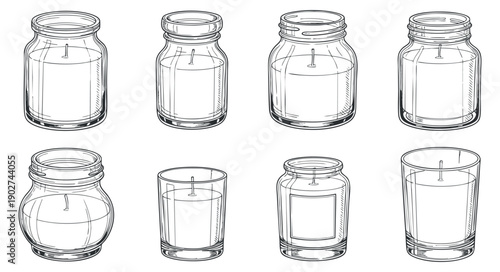 A set of various candle jars and glasses in outline vector style, perfect for home decor and wellness branding