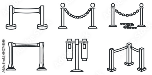 A set of various crowd control barriers and ropes in black and white outline vector style, ideal for event planning and management