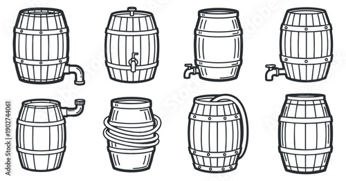 A set of eight outlined wooden barrels with various spouts and designs in minimalist vector style, suitable for beverage branding and packaging