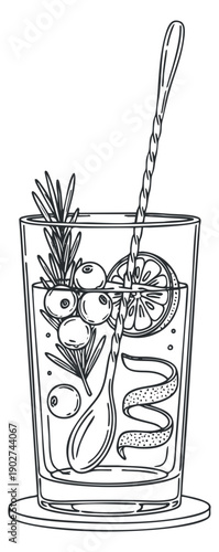 A tall glass of refreshing cocktail with fruits and herbs in black outline minimalist vector style, perfect for summer drink menus
