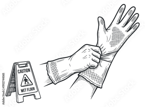 A hand putting on a safety glove next to a caution wet floor sign in a detailed sketch style, ideal for workplace safety materials