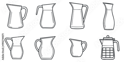 A collection of various jug and pitcher designs in minimalist outline vector style, perfect for kitchenware branding and packaging