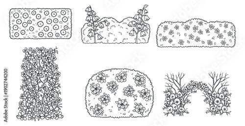 A collection of floral border illustrations in black and white outline style, suitable for decorative design projects