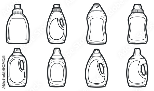 A set of eight outline-style cleaning product bottles in minimalist vector design, ideal for packaging and branding projects
