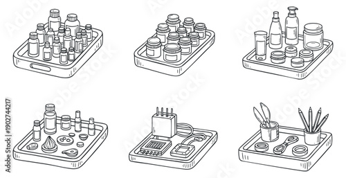 A collection of skincare and cosmetic products in outline vector style, suitable for beauty and wellness branding